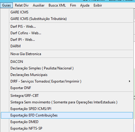 Menu "Guias" aberto no software com a opção "Exportação EFD Contribuições" selecionada em azul na parte inferior.