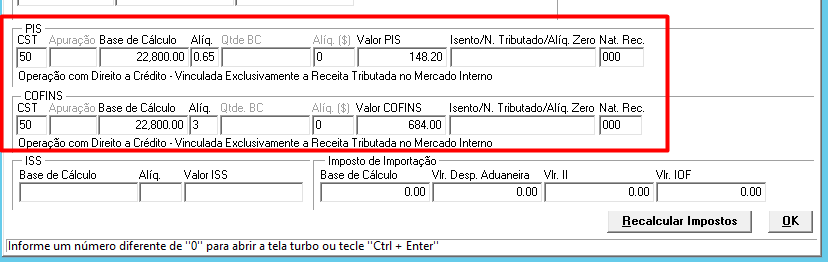 Detalhe dos campos de PIS e COFINS com CST 50, base de cálculo de 22.800,00 e destaque em vermelho nos valores apurados.