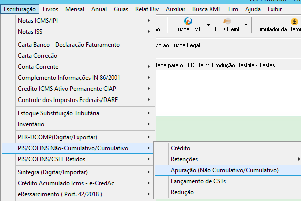 Menu "Escrituração" com o caminho "PIS/COFINS Não-Cumulativo/Cumulativo" selecionando a opção "Apuração".