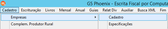 Menu do sistema G5 mostrando o caminho: "Cadastro", seguido de "Empresas" e depois "Cadastro".