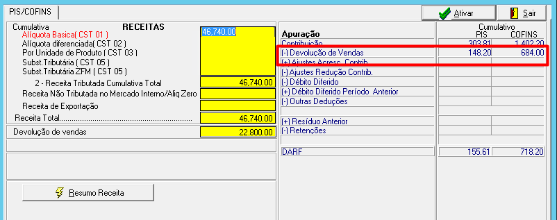 Tela de apuração de PIS/COFINS cumulativo, destacando em vermelho a linha de dedução por "Devolução de Vendas".