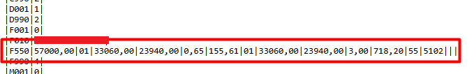 Trecho de arquivo de texto do SPED destacando em vermelho o registro F550 com valores e alíquotas de PIS e COFINS.