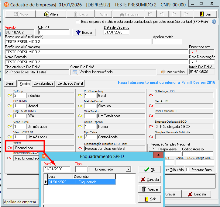 Tela de Cadastro de Empresas exibindo dados cadastrais da empresa de Lucro Presumido e a janela popup "Enquadramento SPED".