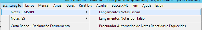 Menu superior com o caminho de abas "Escrituração" > "Notas ICMS/IPI" > "Lançamentos Notas Fiscais" selecionado.
