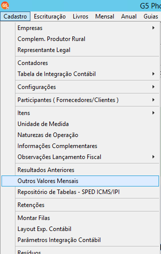Menu suspenso "Cadastro" em sistema contábil G5 Phoenix, com a opção "Outros Valores Mensais" selecionada em destaque azul.