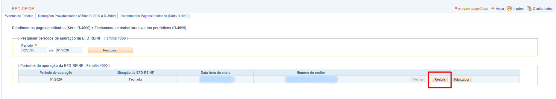 Tela da EFD-Reinf mostrando o período 01/2026 com situação fechada, destacando em vermelho o botão Reabrir na tabela.