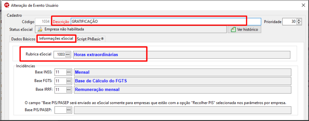 Tela Informações eSocial com evento configurado incorretamente com a rubrica 1003.