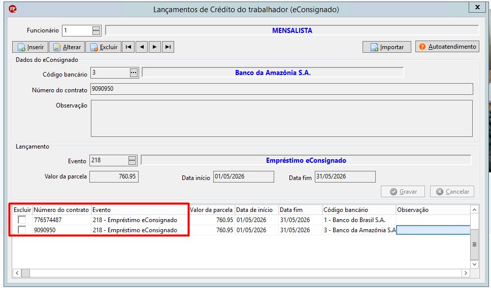 Tela de lançamentos de crédito do trabalhador.
