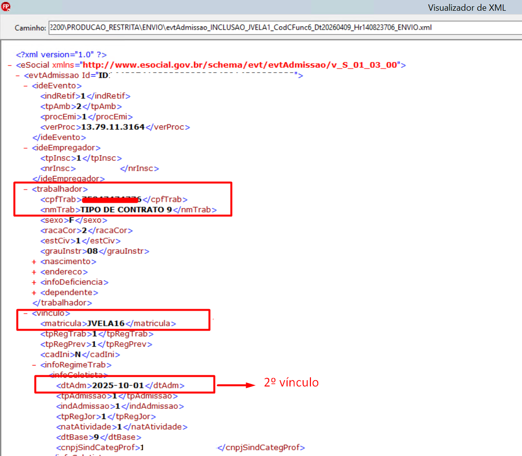 Trecho do XML do segundo vínculo antes de realizar a retificação da data de admissão.