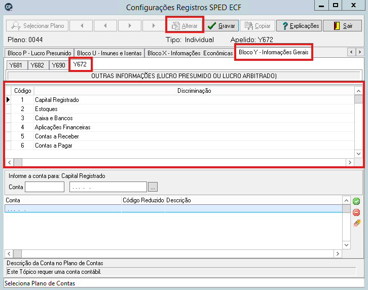 Configurações dos Registros SPED ECF, aba Bloco Y, Registro Y672, mostrando a lista de códigos de Outras Informações para preenchimento.