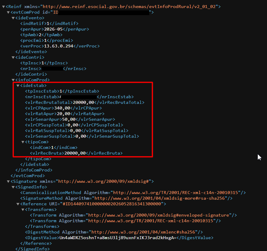 Trecho de código XML do evento Reinf com bloco "ideEstab" destacado em um quadrado vermelho, exibindo valores como receita bruta e contribuições.