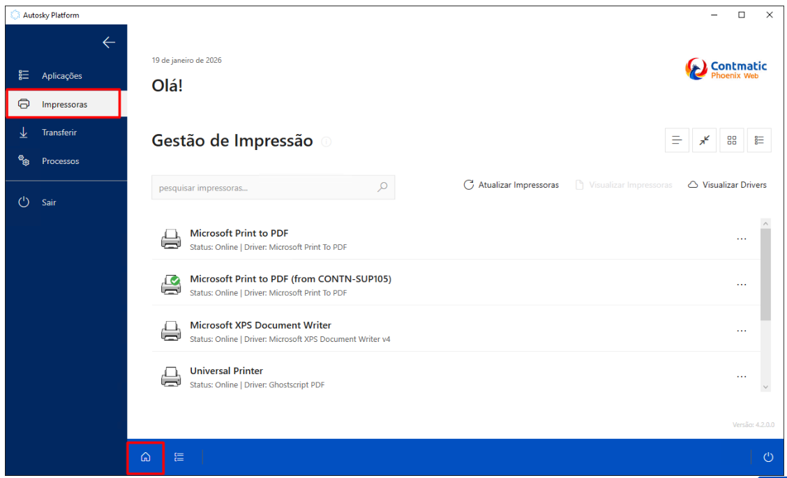 Interface Autosky Platform. Destaque em vermelho na opção Impressoras do menu esquerdo e no ícone de início na barra inferior.