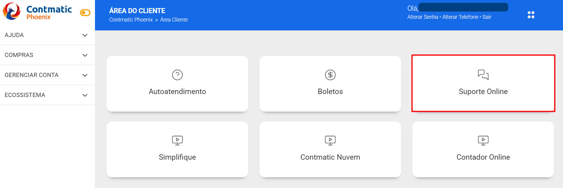 Tela "Área do Cliente" da Contmatic, destacando em um quadrado vermelho a opção "Suporte Online" entre outros cartões de serviço.