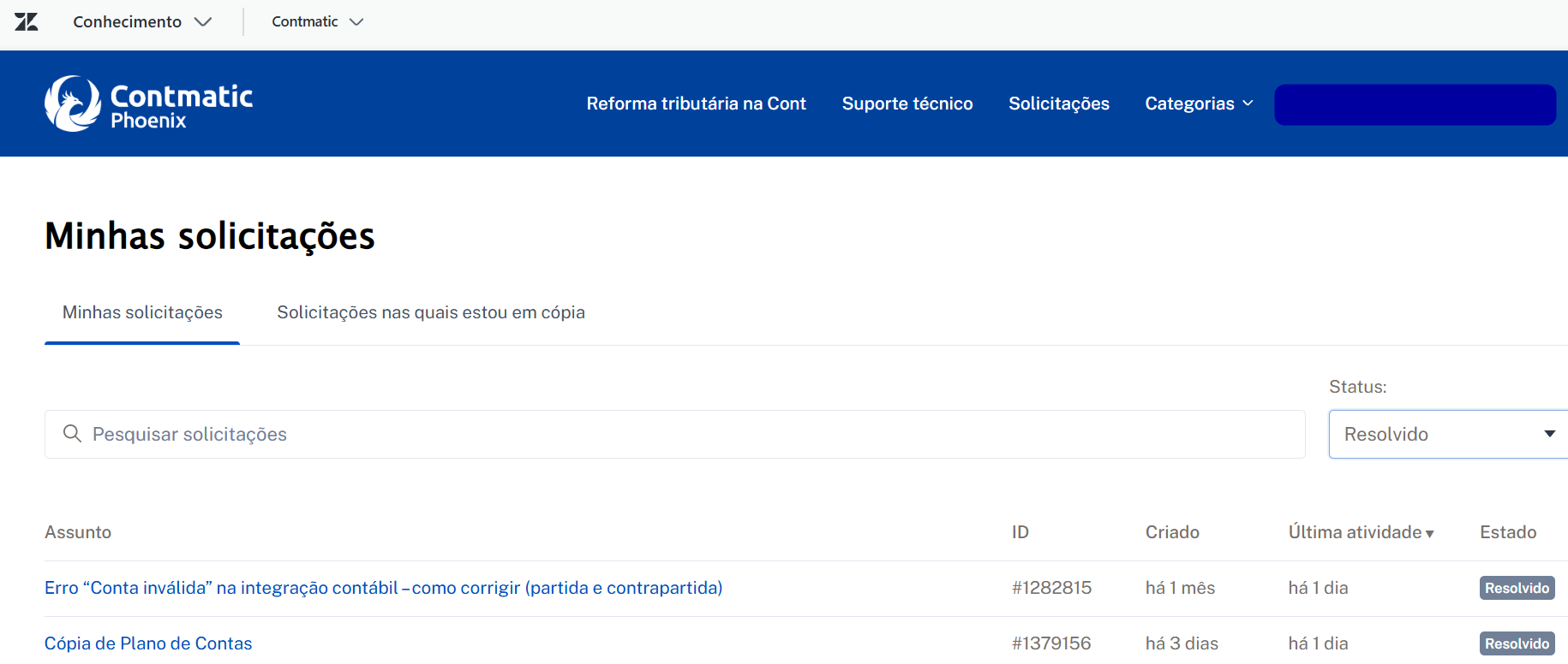 Página do portal Contmatic intitulada "Minhas solicitações", exibindo uma tabela com histórico de chamados e status "Resolvido".