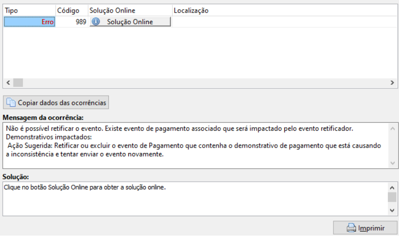 Tela de erro exibindo código 989: 'Não é possível retificar o evento. Existe evento de pagamento associado que será impactado'.