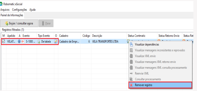 Painel do Robomatic eSocial destacando o evento S-1000 e o menu suspenso com a opção "Remover registro" selecionada.