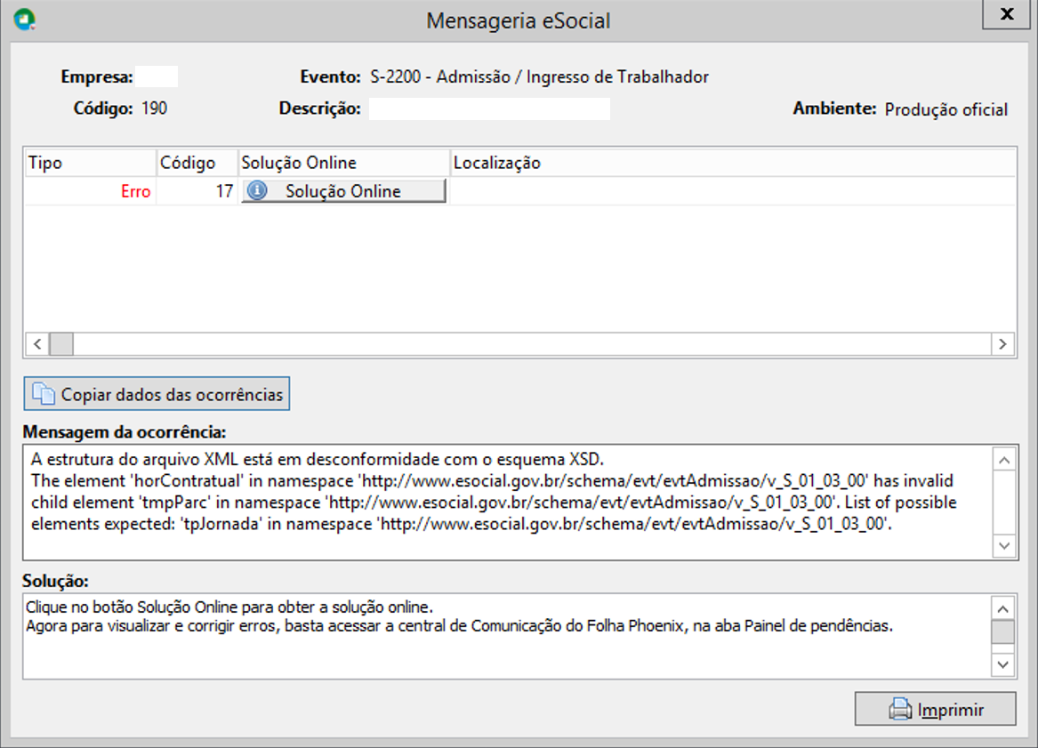 Tela Mensageria eSocial indicando erro 17 no evento S-2000 por desconformidade com o esquema XSD no arquivo XML.