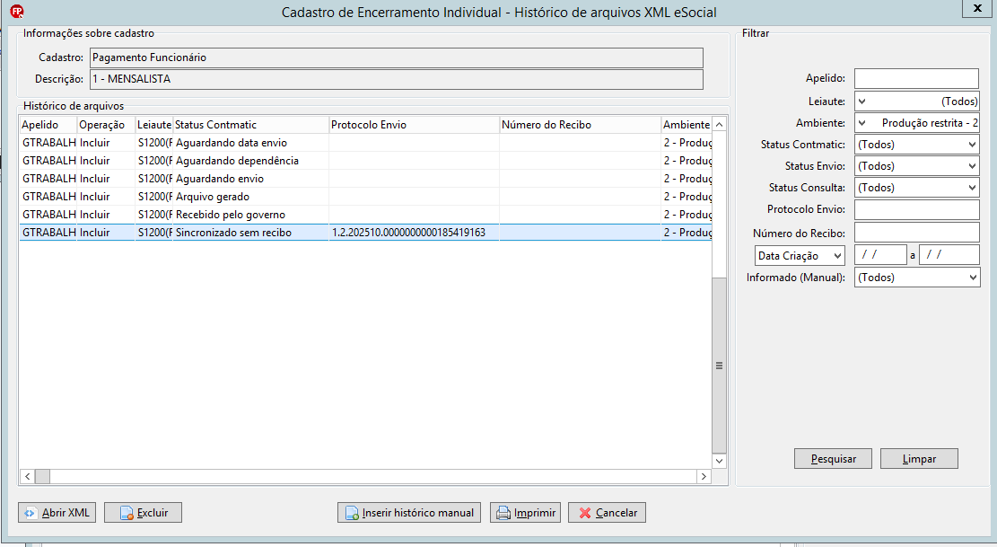 Grid de histórico de arquivos XML eSocial exibindo o evento S-1200 com status 'Sincronizado sem recibo' selecionado.