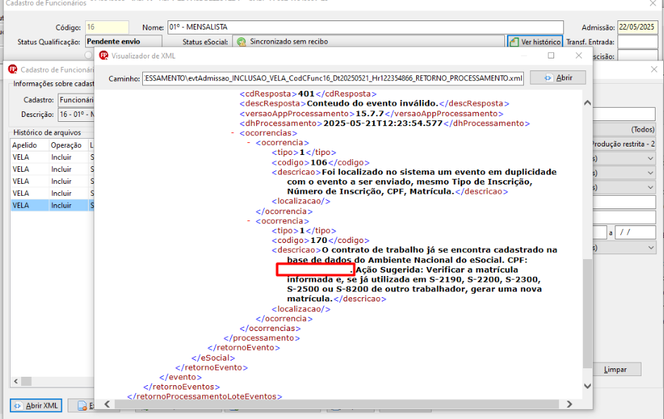 Janela do Visualizador de XML do eSocial exibindo erros de ocorrência código 106 (evento em duplicidade) e código 170.