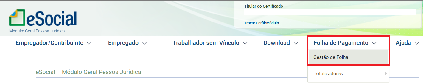 Portal do eSocial com menu superior expandido destacando as opções Folha de Pagamento e Gestão de Folha.