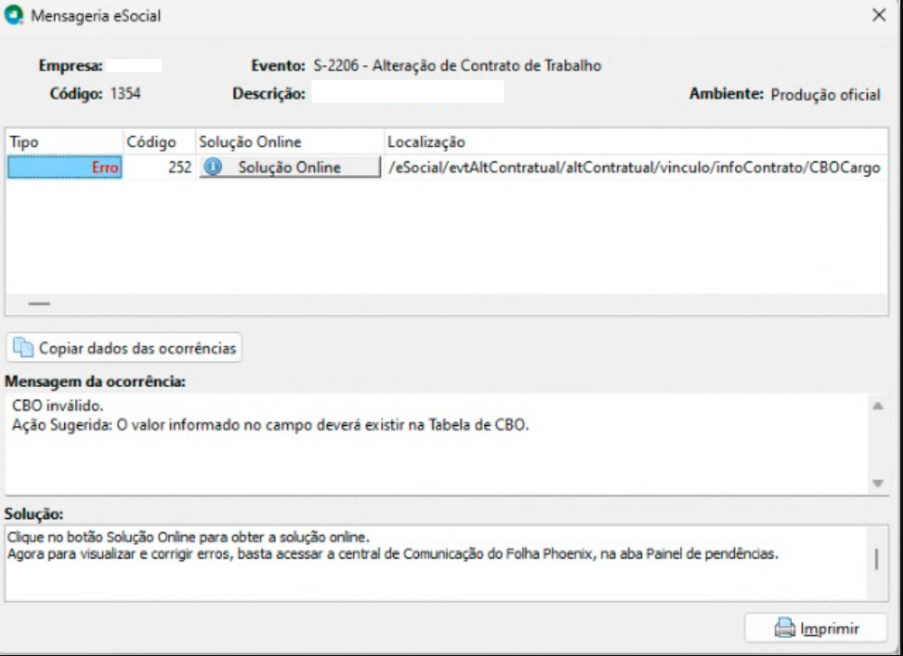 Ocorrência de Erro 252 com mensagem de CBO inválido no eSocial