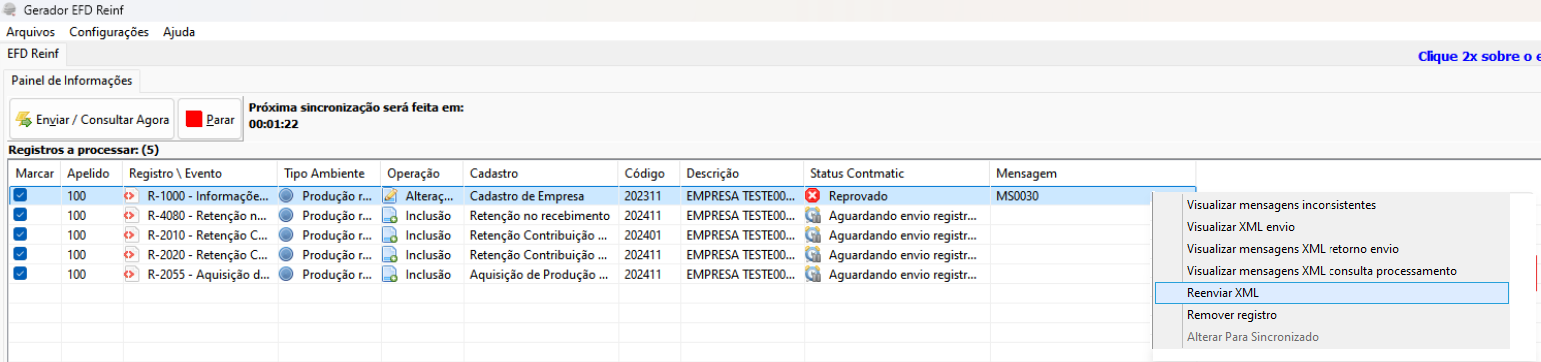 Reenviar XML Gerador EFD-Reinf
