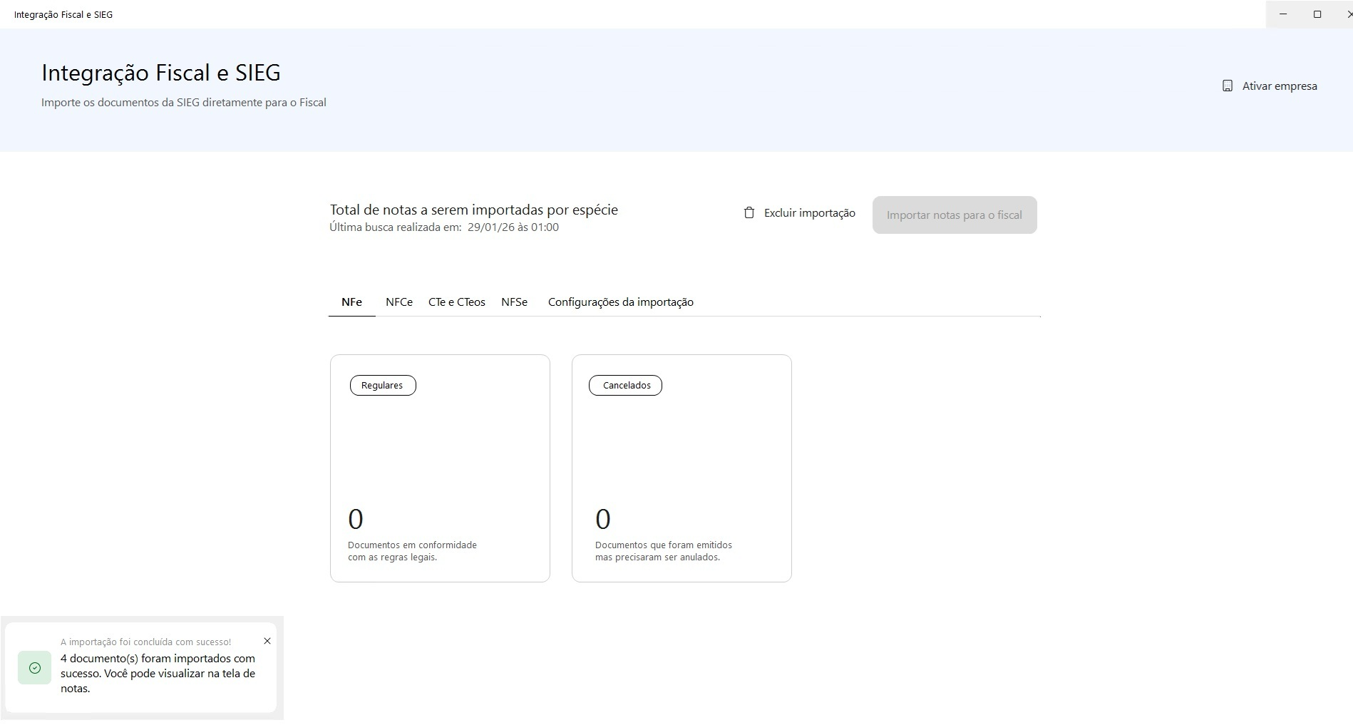 Tela do sistema com mensagem de confirmação no canto inferior esquerdo informando o sucesso da importação de 4 documentos.