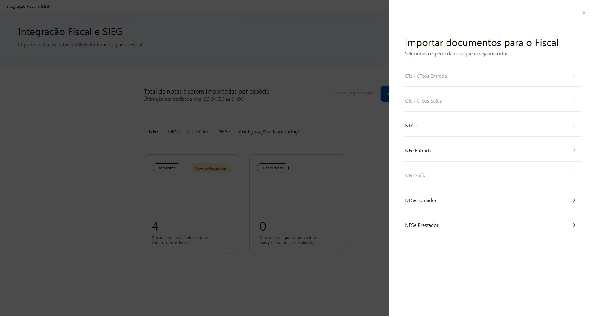 Menu lateral sobreposto para seleção do tipo de documento fiscal a ser importado, como CTe, NFCe, NFe e NFSe.