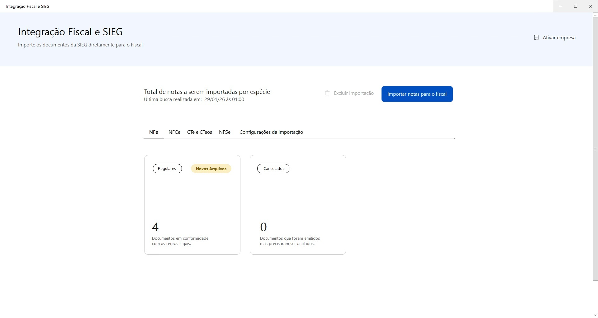 Tela do sistema exibindo a quantidade de notas fiscais a importar e o botão azul "Importar notas para o fiscal".