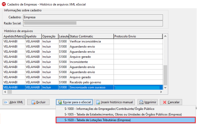 Menu para envio do evento S-1020 Tabela de Lotações Tributárias