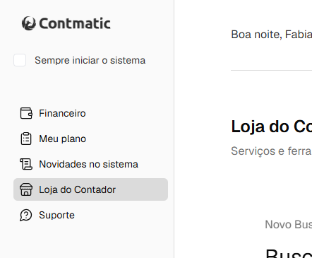 Menu lateral do Web Contmatic com destaque na opção Loja do Contador