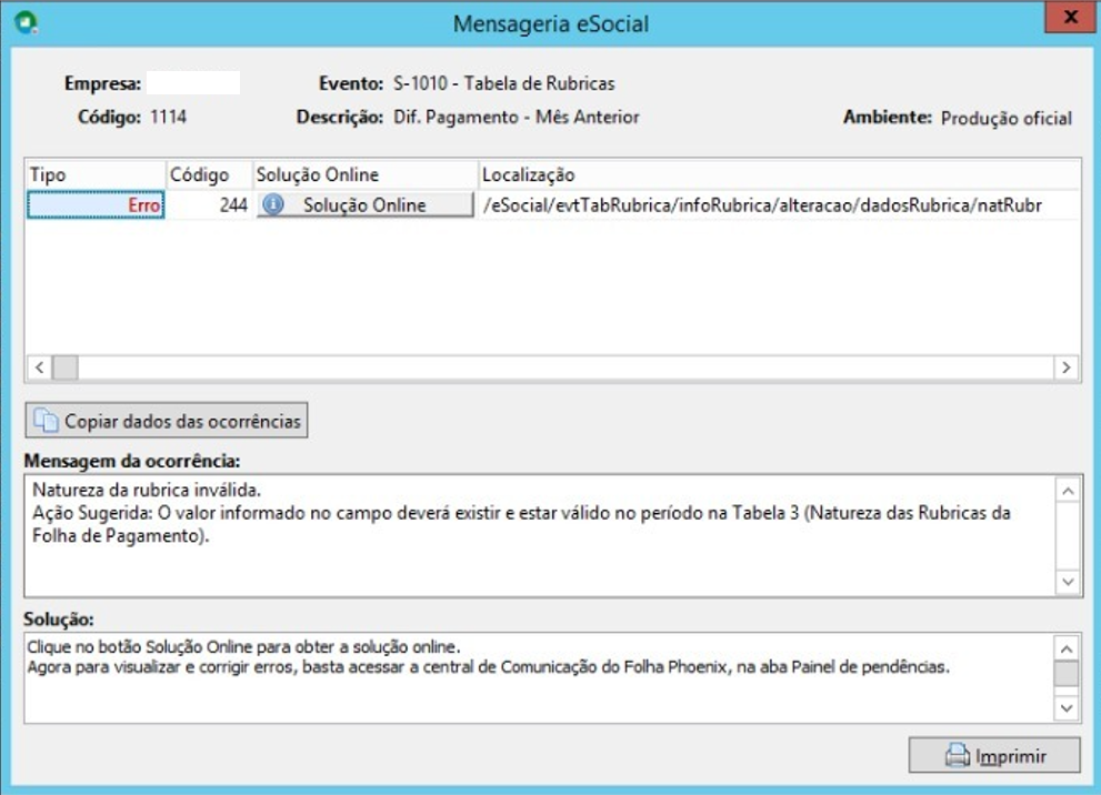 Tela do sistema Mensageria eSocial exibindo o Erro 244: "Natureza da rubrica inválida", referente ao evento S-1010 (Tabela de Rubricas).