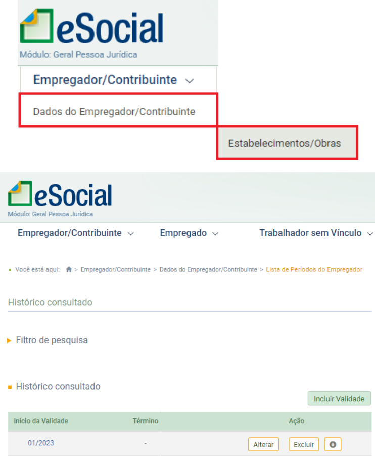 Consulta de estabelecimentos e obras no eSocial