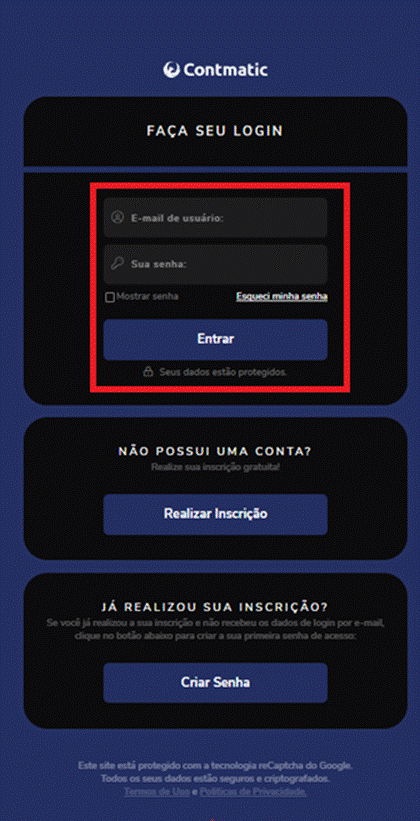 Tela de login da Contmatic Express.