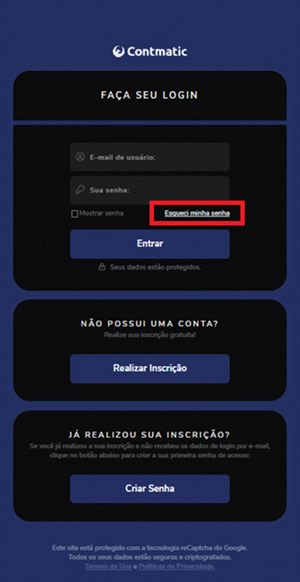 Tela de recuperação de senha na Contmatic Express.