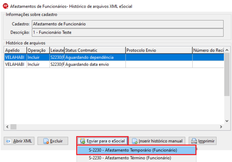 Tela 'Histórico de arquivos XML eSocial' referente a afastamentos. Destacam-se o botão 'Enviar para o eSocial' e a seleção da opção 'S-2230 - Afastamento Temporário' no menu suspenso.