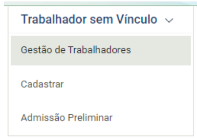 Menu do sistema com o grupo 'Trabalhador sem Vínculo' expandido. A opção 'Gestão de Trabalhadores' encontra-se em destaque, posicionada acima das demais opções de cadastro.