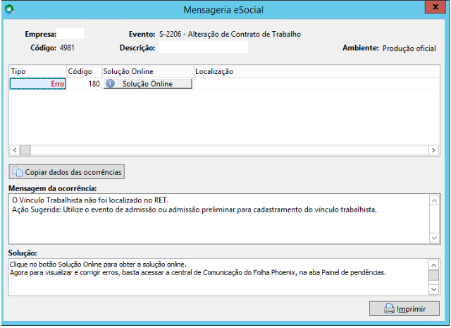 Mensagem do erro 180 no eSocial informando vínculo não localizado