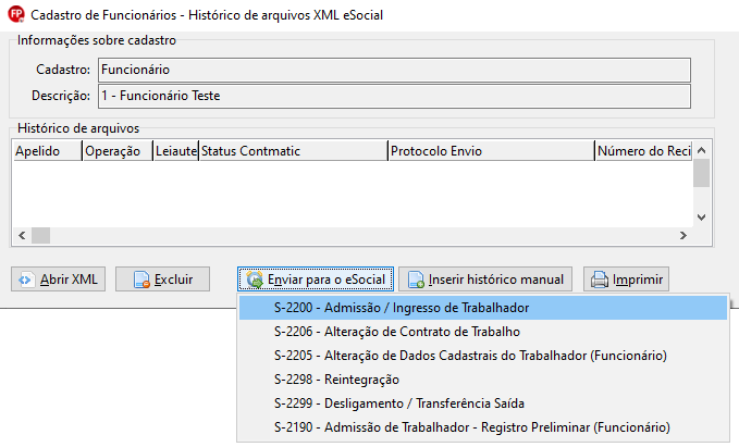 Tela do histórico de eventos enviando o S-2200 para o eSocial