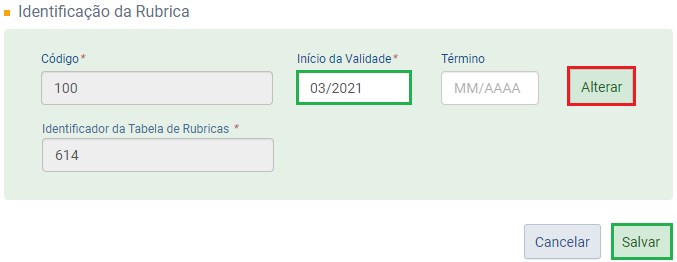 Alteração e salvamento da validade da rubrica
