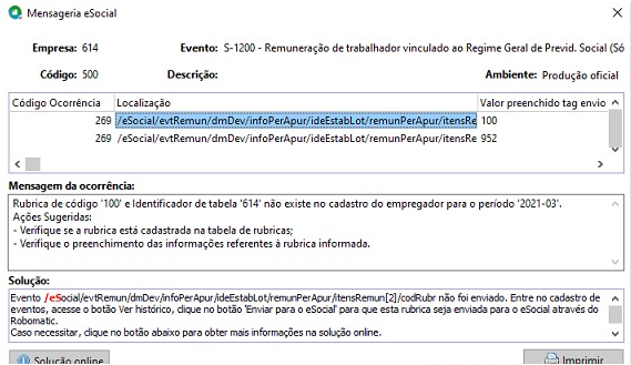Exemplo de erro 269 no retorno do eSocial