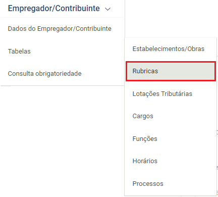 Caminho para acessar Rubricas no Portal do eSocial