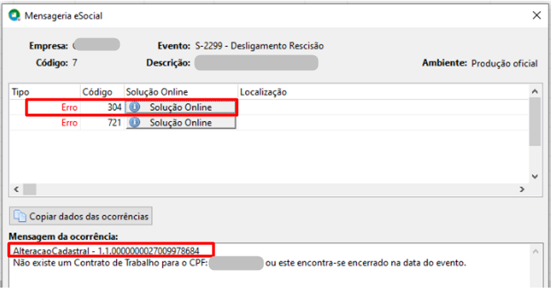 Exemplo de Erro 304 e 721 no eSocial