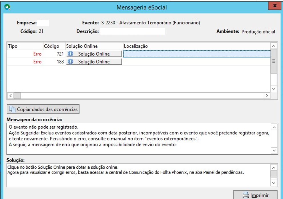 Captura de tela do sistema Mensageria eSocial mostrando erros 721 e 183 no evento S-2230, com orientação para excluir eventos posteriores.