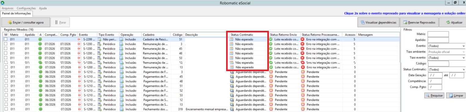 Status Não esperado na coluna Status Contmatic do Gerador Robomatic