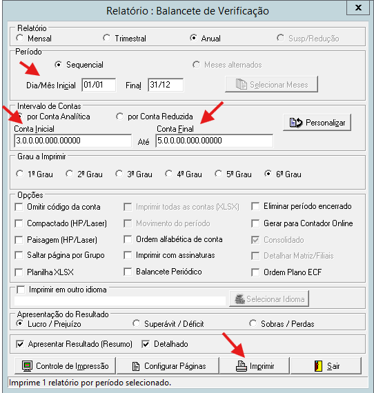 Balancete de Verificação configurado para contas de resultado