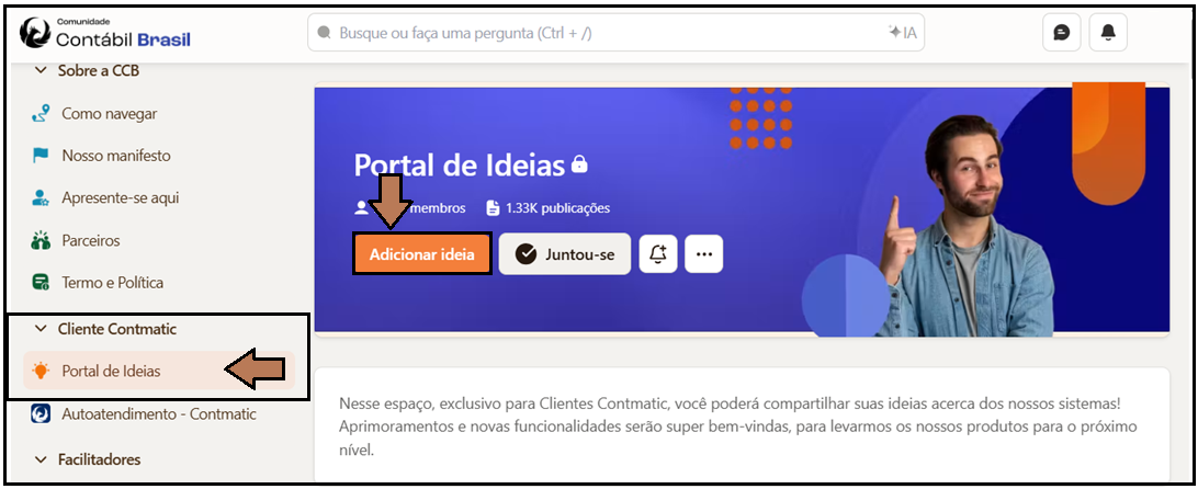 Menu lateral do ambiente Cliente Contmatic destacando a opção Portal de Ideias e o botão Adicionar ideia.