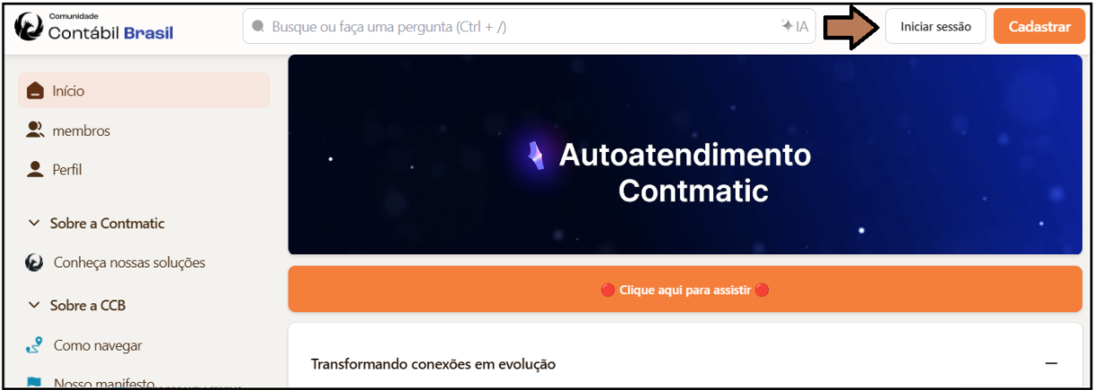 Página inicial da Comunidade Contábil Brasil destacando o botão Iniciar sessão.