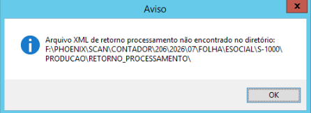 Aviso de arquivo XML de retorno não encontrado