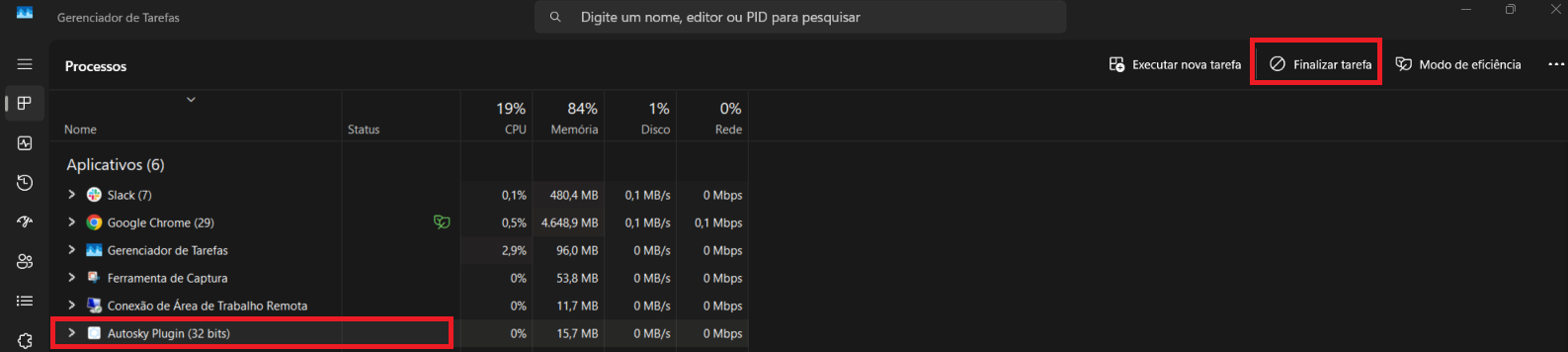 Gerenciador de Tarefas do Windows exibindo o processo AutoSky Plugin